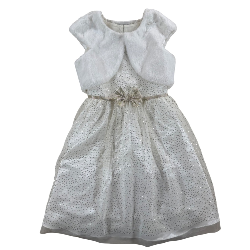 Jona Michelle Girls Sequin Party Dress with Faux Fur Bolero Shrug White Size 12